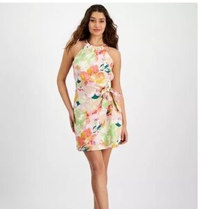 Bar III Linen Blend Sleeveless Mini Dress – Size XL, High Neck, Floral, Macys